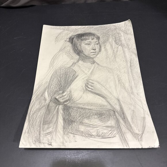 Geisha Asian style Pencil Graphite drawing Unsigned original OOAK 12”L x 9”W